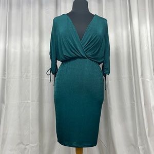 Plus Plunge V Neck Ruched Tie Quarter Sleeve Stretch Green Fitted Dress 2X